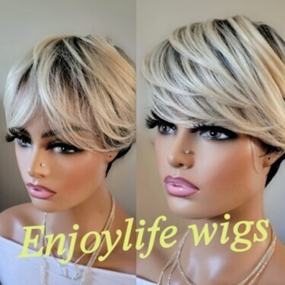 sexy swoop bang blonde dream  black root layered cut short pixie wig